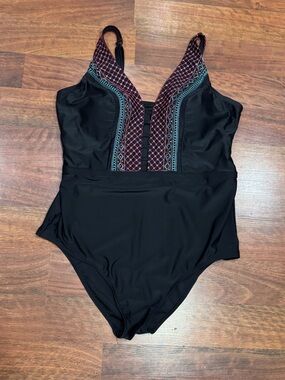 Costa Del Sol - Black One-Piece Swimsuit with Pink and Teal Embroidered V-Neck
